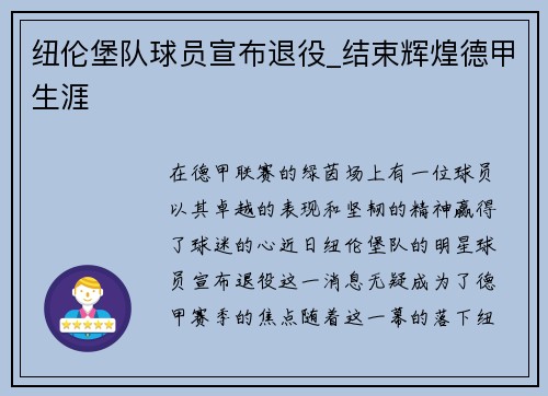 纽伦堡队球员宣布退役_结束辉煌德甲生涯