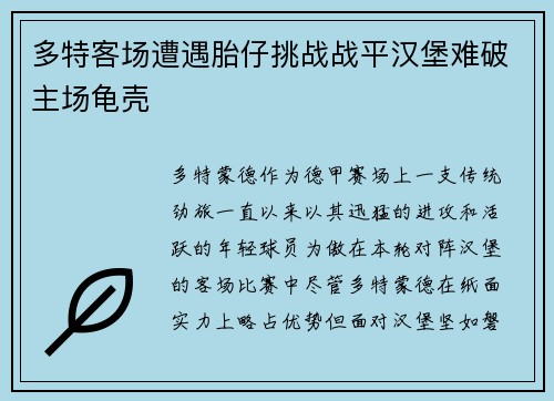 多特客场遭遇胎仔挑战战平汉堡难破主场龟壳