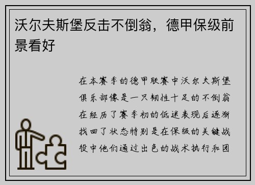 沃尔夫斯堡反击不倒翁，德甲保级前景看好